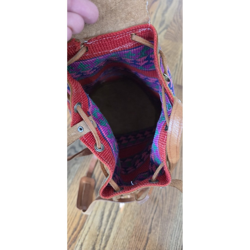 Boho Woven Leather Drawstring Bucket Crossbody Bag Colorful Hand Tooled Hippie - Picture 6 of 6